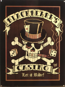 RICH DARK PIRATE COLORS WITH SKULL AND CROSS BONES WEARING A TOP HAT, DICE IN THE BACKGROUND AND "LET IT RIDE" ACROSS THE BOTTOM  GREAT DETAILS