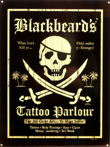 RICH DARK COLORS, OLD TIME LOOK WITH GREAT DETAILS, SKULL
AND CROSS SWORDS MAKE THIS A SHARP SIGN FOR ANY PIRATES COLLECTION OR TATTO ENTHUSIAST