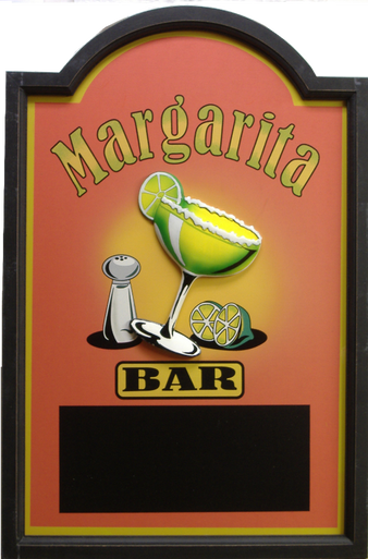 THIS THREE DIMENSIONAL SIGN HAS A 3D MARGARTIA GLASS
AND A CHALK BOARD ON THE BOTTOM....NOT RECOMENDED FOR OUTDOOR USE.
GRAT COLORS AND GRAPHICS