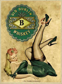 THIS HEAVY METAL ENAMEL SIGN MEASURES 12" W X 16" H AND HAS HOLES IN EACH CORNER FOR EASY MOUNTING.  IRISH WHISKEY PIN-UP GIRL