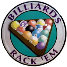 Photo of BILLIARDS, RACK'EM POOL SIGN WITH COLORFULL RACK OF BALLS