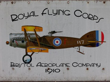 THIS HEAVY METAL ENAMEL SIGN MEASURES 12" W X 16" H AND HAS HOLES IN EACH CORNER FOR EASY MOUNTING.  ROYAL FLYING CORP, BRISTOL AIRCRAFT CO.  1910