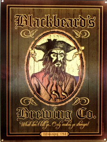 BLACK BEARDS BREWING CO. THIS ENAMEL SIGN SPORTS RICH DARK COLORS AND GRAPHICS BEFITING BLACKBEARD HIMSELF..