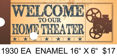 Sign Size: 16" w X 6" h With Pre-drilled Hole(s) for easy hanging Material: ENAMEL FINISH ON HEAVY METAL
GREAT GRAPHICS AND VINTAGE COLORS MAKE THIS A GREAT ADDITION TO ANY MOVIE OR THEATRE AREA IN YOUR HOME OR ELSEWHERE.