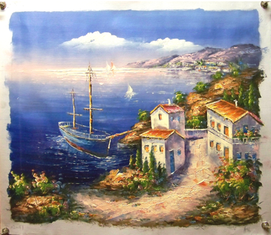 Photo of BLUE BOAT BY VILLA MEDIUM SIZED OIL PAINTING