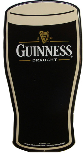 THIS SIGN IS CUT TO THE SHAPE OF A GUINNESS PINT GLASS, GREAT GRAPHICS & DESIGN
IT MEASURES APOX. 18" H X 9" W AND HAS HOLES FOR EASY MOUNTING, A MUST FOR ANY GUINNESS FAN'S COLLECTION