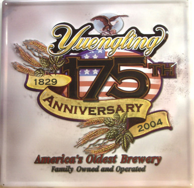 THIS YUENGLING VINTAGE 175TH ANNIVERSARY METAL BEER SIGN MEASURES APOX. 14 1/2" W X 14 1/2" H
AND HAS HOLES IN EACH CORNER FOR EASY MOUNTING