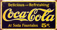 THE WEATHERED 1910 COCA-COLA LOGO TIN SIGN MEASURES 16" W X 8 1/2" H
AND HAS HOLES IN EACH CORNER FOR EASY MOUNTING  WITH RUSTIC COLORS AND DETAILS