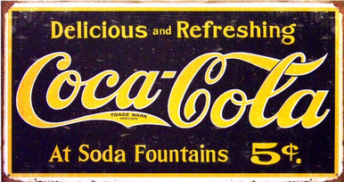 THE WEATHERED 1910 COCA-COLA LOGO TIN SIGN MEASURES 16" W X 8 1/2" H
AND HAS HOLES IN EACH CORNER FOR EASY MOUNTING  WITH RUSTIC COLORS AND DETAILS