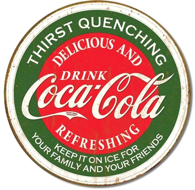 THIS VINTAGE ROUND METAL COKE SIGN HAS HOLES FOR EASY MOUNTING AND MEASURES 12" DIAMETER
AND HAS GENUINE SIMULATED RUST TO MAKE IT LOOK OLDER