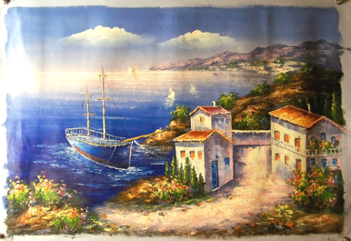 Photo of BLUE BOAT BY VILLA MEDIUM LARGE SIZED OIL PAINTING