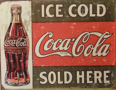 THIS RUSTIC LOOKING VINTAGE COCA-COLA SIGN MEASURES 16" W X 12 1/2" H 
AND HAS HOLES IN EACH CORNER FOR EASY MOUNTING  IT HAS GENUINE SIMULATED RUST
TO MAKE IT LOOK OLDER  THE ORIGINAL DATES BACK TO c. 1916