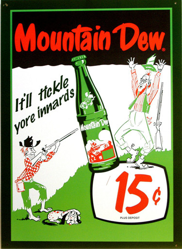 VINTAGE MOUNTAIN DEW TICKLE YOUR INNARDS TIN SIGN 
MEASURES APOX 12" W X 17" H 
\AND HAS HOLES IN EACH CORNER FOR EASY MOUNTING