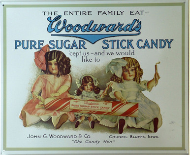 WOODWARD STICK CANDY VINTAGE TIN SIGN, THIS SIGN IS OUT OF PRINT
WE HAVE ONLY ONE LEFT