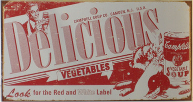 GREAT CAMPBELLS DELICIOUS VINTAGE SOUP LABLE TIN SIGN MEASURES 16" W X 10" H AND HAS HOLES IN EACH CORNER FOR EASY MOUNTING  THIS SIGN IS OUT OF PRINT, WE HAVE TWO   LEFT