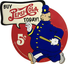 THIS UNIQUE DIE CUT VINTAGE PEPSI METAL SIGN IS A GREAT CHOICE FOR ANY COLLECTOR, THIS SIGN MEASURES 13" X 15"

I BELIEVE THIS TO BE AN EARLY 50'S AD CAMPAIGN CHARACTER.