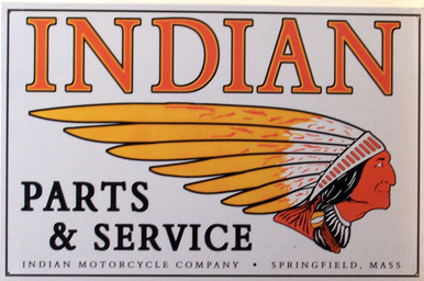 OLD TIME INDIAN MOTORCYCLE VINTAGE PARTS & SERVICE SIGN HAS HOLES IN EACH CORNER FOR EASY MOUNTING.  THIS SIGN IS OUT OF PRINT WITH ONLY TWO LEFT.