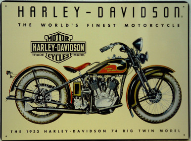 HARLEY VINTAGE EMBOSSED METAL SIGN, GREAT GRAPHICS AND COLOR
WITH PRE-DRILLED HOLES FOR EASY HANGING.  MEASURES 17 " W X 12 1/2" H