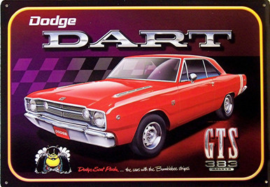 RED DODGE DART GTS VINTAGE TIN SIGN
MEASURES 16 14" W X 11 3/4" H WITH HOLES IN EACH CORNER FOR EASY MOUNTING