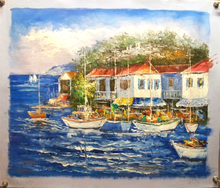 Photo of BOATS BY TOWN MEDIUM SIZED OIL PAINTING