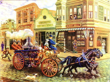 THIS ENAMEL SIGN DEPICTS A HORSE DRAWN STEAM POWERED FIRE ENGINE OF A DAY GONE BY.
GREAT COLORS AND ATTENTION TO DETAIL MAKE THIS A MUST FOR ANY FIREFIGHTERS COLLECTION