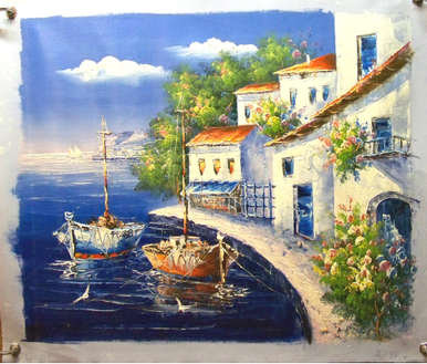 Photo of BOATS BY VILLA MEDIUM SIZED OIL PAINTING