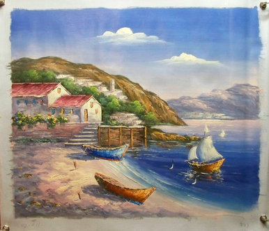 Photo of BOATS ON BEACH, ONE SAILING OIL PAINTING