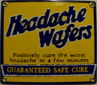 THIS OLD FASHION SIGN MEASURES 7" X 6" AND IS A PROCELAIN SIGN ON HEAVY METAL,
IT HAS HOLES IN EACH CORNER FOR EASY MOUNTING.  GOING BACK TO THE DAYS OF MIRACLE CURES.