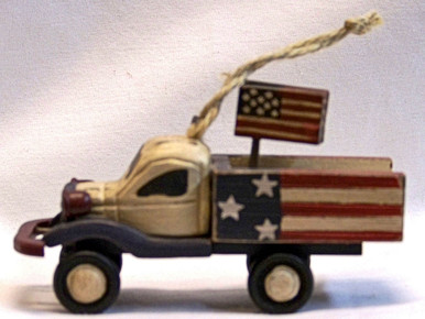 SMALL PATRIOTIC WOOD TRUCK DECORATION 4 1/4" L X 3 1/2" H X 1 3/4" D