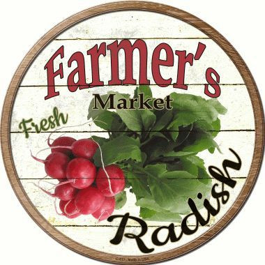 ROUND, FLAT, ALUMINUM, VINTAGE FARMER'S MARKET SIGN
MEASURING 12" IN DIAMETER. WITH HOLES FOR EASY MOUNTING
GREAT COLOR AND EXCEPTIONAL DETAIL, WILL NOT RUST!