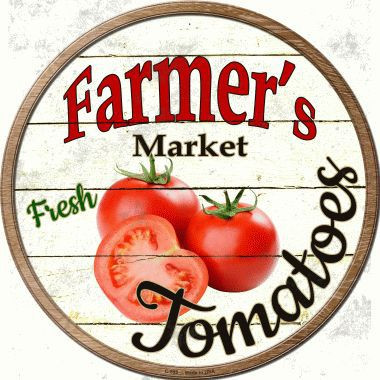 ROUND, FLAT, ALUMINUM, VINTAGE FARMER'S MARKET SIGN
MEASURING 12" IN DIAMETER. WITH HOLES FOR EASY MOUNTING
GREAT COLOR AND EXCEPTIONAL DETAIL, WILL NOT RUST!