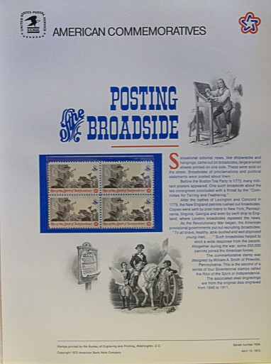 PANEL # 12, U.S. COMMERATIVE PANEL POSTING A BROADSIDE, ISSUED 4/13/1973 SCOTT # 1477, PRINTED
ON HEAVY PAPER MEASURING 8  1/2"  X  11  1/4" WITH 4 UNUSED POSTING BROADSIDE, 8 CENT STAMPS 
PANELS ISSUED BY U.S. BUREAU OF ENGRAVING REPRESENT MANY HISTORICAL EVENTS IN OUR COUNTRY
PLUS CULTURAL, WILDLIFE, FLORAL, MUSICAL, MOVIES AND COUNTLESS OTHER SUBJECTS, GREAT FOR
 COLLECTORS AND ENTHUSIAST OF A WIDE VARIETY OF INTEREST.  GREAT TO FRAME FOR GIFTS!
UP TO A DOZEN CAN BE SHIPPED USING PRIORITY MAIL FLAT RATE ENVELOPE, FOR THE PRICE OF ONE
(REFUND GIVEN AFTER PANELS ARE SHIPPED TAKES 3-4 DAYS FOR REFUND TO REACH YOUR CARD)
OR YOU CAN SEND ONE OR MORE, FIRST CLASS (NOT INSURED) FOR LESS, YOUR CHOICE.