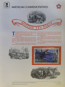 PANEL # 17, U.S. COMMERATIVE PANEL BOSTON TEA PARTY.., ISSUED 7/4/1973 SCOTT # 1483a, PRINTED
ON HEAVY PAPER MEASURING 8  1/2"  X  11  1/4" WITH 4 DIFFERENT UNUSED BOSTON TEA PARTY, 8 CENT STAMPS 
PANELS ISSUED BY U.S. BUREAU OF ENGRAVING REPRESENT MANY HISTORICAL EVENTS IN OUR COUNTRY
PLUS CULTURAL, WILDLIFE, FLORAL, MUSICAL, MOVIES AND COUNTLESS OTHER SUBJECTS, GREAT FOR
 COLLECTORS AND ENTHUSIAST OF A WIDE VARIETY OF INTEREST.  GREAT TO FRAME FOR GIFTS!
UP TO A DOZEN CAN BE SHIPPED USING PRIORITY MAIL FLAT RATE ENVELOPE, FOR THE PRICE OF ONE
(REFUND GIVEN AFTER PANELS ARE SHIPPED TAKES 3-4 DAYS FOR REFUND TO REACH YOUR CARD)
OR YOU CAN SEND ONE OR MORE, FIRST CLASS (NOT INSURED) FOR LESS, YOUR CHOICE.