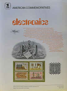 PANEL # 18, U.S. COMMERATIVE PANEL ELECTRONICS.., ISSUED 6/10/1973 SCOTT #'S 1500-1502 & C86, PRINTED
ON HEAVY PAPER MEASURING 8  1/2"  X  11  1/4" WITH 4 UNUSED STAMPS A 6, 8, 15 & 11 CENT 
PANELS ISSUED BY U.S. BUREAU OF ENGRAVING REPRESENT MANY HISTORICAL EVENTS IN OUR COUNTRY
PLUS CULTURAL, WILDLIFE, FLORAL, MUSICAL, MOVIES AND COUNTLESS OTHER SUBJECTS, GREAT FOR
 COLLECTORS AND ENTHUSIAST OF A WIDE VARIETY OF INTEREST.  GREAT TO FRAME FOR GIFTS!
UP TO A DOZEN CAN BE SHIPPED USING PRIORITY MAIL FLAT RATE ENVELOPE, FOR THE PRICE OF ONE
(REFUND GIVEN AFTER PANELS ARE SHIPPED TAKES 3-4 DAYS FOR REFUND TO REACH YOUR CARD)
OR YOU CAN SEND ONE OR MORE, FIRST CLASS (NOT INSURED) FOR LESS, YOUR CHOICE.