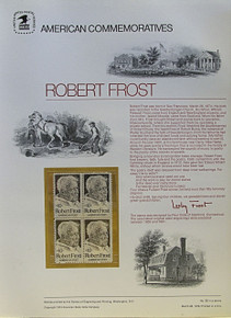 PANEL # 28, U.S. COMMERATIVE PANEL ROBERT FROST.., ISSUED 3/26/1974 SCOTT # 1526 PRINTED
ON HEAVY PAPER MEASURING 8  1/2"  X  11  1/4" WITH 4 UNUSED ROBERT FROST  10 CENT STAMPS
PANELS ISSUED BY U.S. BUREAU OF ENGRAVING REPRESENT MANY HISTORICAL EVENTS IN OUR COUNTRY
PLUS CULTURAL, WILDLIFE, FLORAL, MUSICAL, MOVIES AND COUNTLESS OTHER SUBJECTS, GREAT FOR
 COLLECTORS AND ENTHUSIAST OF A WIDE VARIETY OF INTEREST.  GREAT TO FRAME FOR GIFTS!
UP TO A DOZEN CAN BE SHIPPED USING PRIORITY MAIL FLAT RATE ENVELOPE, FOR THE PRICE OF ONE
(REFUND GIVEN AFTER PANELS ARE SHIPPED TAKES 3-4 DAYS FOR REFUND TO REACH YOUR CARD)
OR YOU CAN SEND ONE OR MORE, FIRST CLASS (NOT INSURED) FOR LESS, YOUR CHOICE.