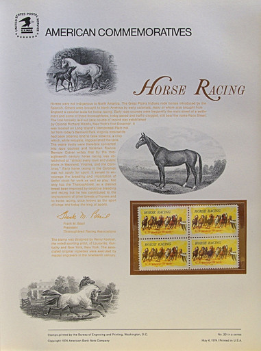 PANEL # 30, U.S. COMMERATIVE PANEL HORSE RACING., ISSUED 5/4/1974 SCOTT # 1528 PRINTED
ON HEAVY PAPER MEASURING 8  1/2"  X  11  1/4" WITH 4 HORCE RACING  10 CENT STAMPS
PANELS ISSUED BY U.S. BUREAU OF ENGRAVING REPRESENT MANY HISTORICAL EVENTS IN OUR COUNTRY
PLUS CULTURAL, WILDLIFE, FLORAL, MUSICAL, MOVIES AND COUNTLESS OTHER SUBJECTS, GREAT FOR
 COLLECTORS AND ENTHUSIAST OF A WIDE VARIETY OF INTEREST.  GREAT TO FRAME FOR GIFTS!
UP TO A DOZEN CAN BE SHIPPED USING PRIORITY MAIL FLAT RATE ENVELOPE, FOR THE PRICE OF ONE
(REFUND GIVEN AFTER PANELS ARE SHIPPED TAKES 3-4 DAYS FOR REFUND TO REACH YOUR CARD)
OR YOU CAN SEND ONE OR MORE, FIRST CLASS (NOT INSURED) FOR LESS, YOUR CHOICE.