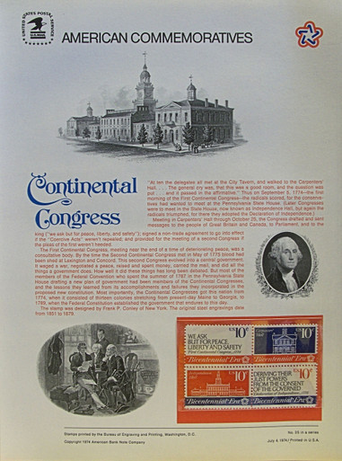 PANEL # 35, U.S. COMMERATIVE PANEL CONTINENTAL CONGRESS.., ISSUED 7/4/1974 SCOTT # 1546a PRINTED
ON HEAVY PAPER MEASURING 8  1/2"  X  11  1/4" WITH 4 DIFFERENT, CONTINENTAL CONGRESS 10 CENT STAMPS
PANELS ISSUED BY U.S. BUREAU OF ENGRAVING REPRESENT MANY HISTORICAL EVENTS IN OUR COUNTRY
PLUS CULTURAL, WILDLIFE, FLORAL, MUSICAL, MOVIES AND COUNTLESS OTHER SUBJECTS, GREAT FOR
 COLLECTORS AND ENTHUSIAST OF A WIDE VARIETY OF INTEREST.  GREAT TO FRAME FOR GIFTS!
UP TO A DOZEN CAN BE SHIPPED USING PRIORITY MAIL FLAT RATE ENVELOPE, FOR THE PRICE OF ONE
(REFUND GIVEN AFTER PANELS ARE SHIPPED TAKES 3-4 DAYS FOR REFUND TO REACH YOUR CARD)
OR YOU CAN SEND ONE OR MORE, FIRST CLASS (NOT INSURED) FOR LESS, YOUR CHOICE.