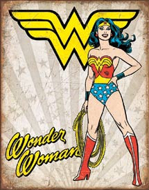 WONDER WOMAN HEROIC Tin Sign measures 12 1/2" x 16" with holes in each corner for easy mounting.
