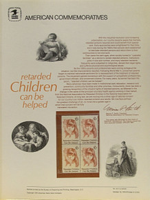 PANEL # 40, U.S. COMMERATIVE PANEL RETARDED CHILDREN.., ISSUED 10/12/1974 SCOTT # 1549 PRINTED
ON HEAVY PAPER MEASURING 8  1/2"  X  11  1/4" WITH 4 RETARDED CHILDREN 10 CENT STAMPS
PANELS ISSUED BY U.S. BUREAU OF ENGRAVING REPRESENT MANY HISTORICAL EVENTS IN OUR COUNTRY
PLUS CULTURAL, WILDLIFE, FLORAL, MUSICAL, MOVIES AND COUNTLESS OTHER SUBJECTS, GREAT FOR
 COLLECTORS AND ENTHUSIAST OF A WIDE VARIETY OF INTEREST.  GREAT TO FRAME FOR GIFTS!
UP TO A DOZEN CAN BE SHIPPED USING PRIORITY MAIL FLAT RATE ENVELOPE, FOR THE PRICE OF ONE
(REFUND GIVEN AFTER PANELS ARE SHIPPED TAKES 3-4 DAYS FOR REFUND TO REACH YOUR CARD)
OR YOU CAN SEND ONE OR MORE, FIRST CLASS (NOT INSURED) FOR LESS, YOUR CHOICE.