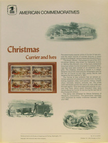 PANEL # 41, U.S. COMMERATIVE PANEL CHRISTMAS CURRIER & IVES.., ISSUED 10/23/1974 SCOTT # 1551 PRINTED
ON HEAVY PAPER MEASURING 8  1/2"  X  11  1/4" WITH 4 CURRIER & IVES CHRISTMAS 10 CENT STAMPS
PANELS ISSUED BY U.S. BUREAU OF ENGRAVING REPRESENT MANY HISTORICAL EVENTS IN OUR COUNTRY
PLUS CULTURAL, WILDLIFE, FLORAL, MUSICAL, MOVIES AND COUNTLESS OTHER SUBJECTS, GREAT FOR
 COLLECTORS AND ENTHUSIAST OF A WIDE VARIETY OF INTEREST.  GREAT TO FRAME FOR GIFTS!
UP TO A DOZEN CAN BE SHIPPED USING PRIORITY MAIL FLAT RATE ENVELOPE, FOR THE PRICE OF ONE
(REFUND GIVEN AFTER PANELS ARE SHIPPED TAKES 3-4 DAYS FOR REFUND TO REACH YOUR CARD)
OR YOU CAN SEND ONE OR MORE, FIRST CLASS (NOT INSURED) FOR LESS, YOUR CHOICE.