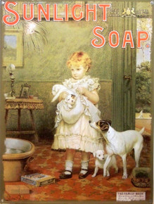 SUNLIGHT SOAP VINTAGE ENAMEL SIGN MEASURES 12" X 16" WITH HOLES IN EACH CORNER FOR EASY MOUNTING RICH COLORS AND DETAIL PUPPY'S GETTING READY FOR BATH.