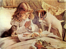 Great sign of little girl praying while her dog and cat guard her meal. 
Rich colors and excellent details.