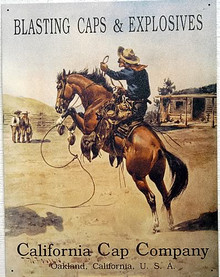 Photo of CALIFORNIA CAP BUCKING HORSE SIGN, OLD TIME AD, GREAT GRAPHICS AND OLD TIME COLOR