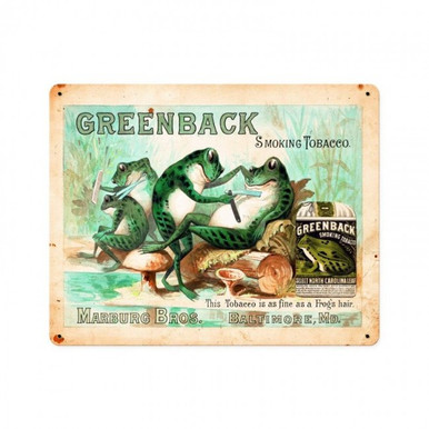 From the Barber Shop and Shoe Shine Memories licensed collection, this Greenback Greenback Smoking Tobacco Vintage Metal Sign measures 15 inches by 12 inches and weighs in at 2 lb(s). Greenback smoking tobacco, as smooth as frogs hair. This image is from an original 1890s watercolor painting, no doubt intended to become a sign for Marburg Brothers Tobacco. The painting had a trimmed chromo heliograph label from a tobacco pouch glued onto the painted image. Most likely painted by an artist at A. Hoen & Co. in Maryland who did Greenbacks chromo-lithographic work. Fabulous fantasy toadstool barbershop with the frogs giving a shave & a haircut. Everyone luvs a smooth frog! Metal sign adds some humor to your collection. This Vintage Metal Sign is hand made in the USA using heavy gauge American steel.
SUBLIMATION PROCESS SIGN ON HEAVY METAL WITH HOLES IN EACH CORNER
THIS IS A SPECIAL ORDER SIGN, ALLOW 4-6 WEEKS FOR DELIVERY