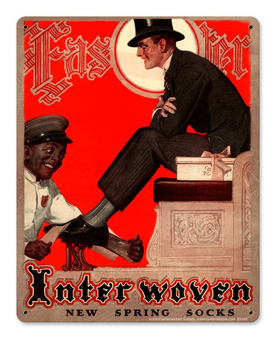 From the Barber Shop and Shoe Shine Memories licensed collection, this Depot Shine Plasma measures 12 inches by 15 inches and weighs in at 2 lb(s). Looking good for Easter in 1928, meant getting the classic Train Depot Throne Chair shoeshine from the Professional Shoeshine man. But having Erect Socks that can hold themselves up were #1 priority for any Dapper Gentleman. This was a classic advertisement from Saturday Evening Post for Interwoven Socks, a sought after brand of socks. Interwoven socks boasted to stay up as long as any man could! Original illustration was done by Elbert McGran Jackson a principle Post Magazine cover artist. Great metal sign with vibrant colors. This Plasma is hand made in the USA using heavy gauge American steel.