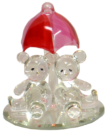 GLASS BEAR CUBS UNDER RED UMBRELLA ON MIRROR 22K GOLD TRIM 3 1/16" X 3 1/16" X 3 5/8" HAND CRAFTED, HAND PAINTED