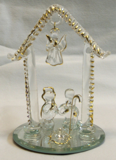 GLASS NATIVITY SCENE ON MIRROR 22K GOLD TRIM 3 1/16" X 3 1/6" X 4 1/2" 
HAND CRAFTED & HAND PAINTED