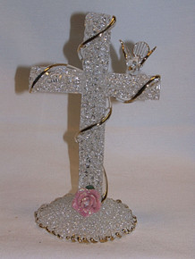 GLASS SCULPTED CROSS WITH DOVE & FLOWER 22K GOLD TRIM 2 7/8" X 2 7/8" X 6" 
HAND CRAFTED & HAND PAINTED