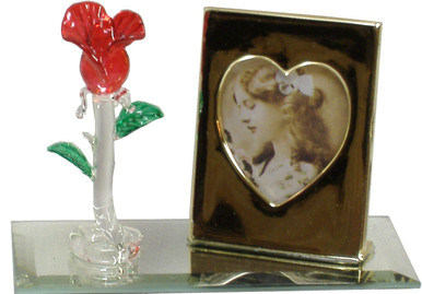 MINI-GLASS ROSE & PICTURE FRAME ON MIRROR 4 1/2" X 2 1/8" X 2 7/8" HAND CRAFTED & HAND PAINTED W/ BRASS PICTURE FRAME
