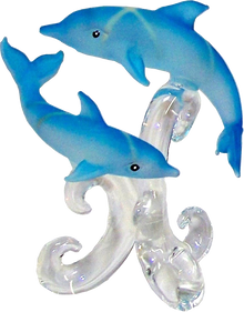 BLUE GLASS DOLPHINS SWIMMING UP & DOWN ON GLASS PEDISTOOL 2 1/2" X 2" X 3 1/4" HAND CRAFTED & HAND PAINTED